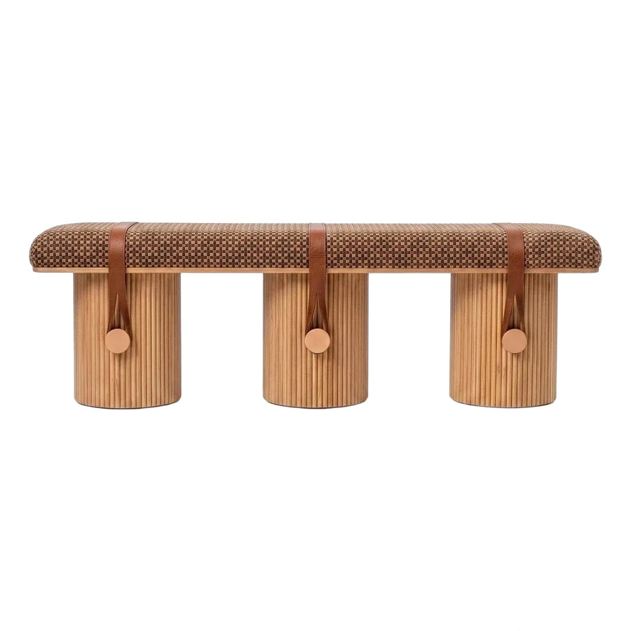 Fluted Wood Bench with Leather Straps and Brown Cushion