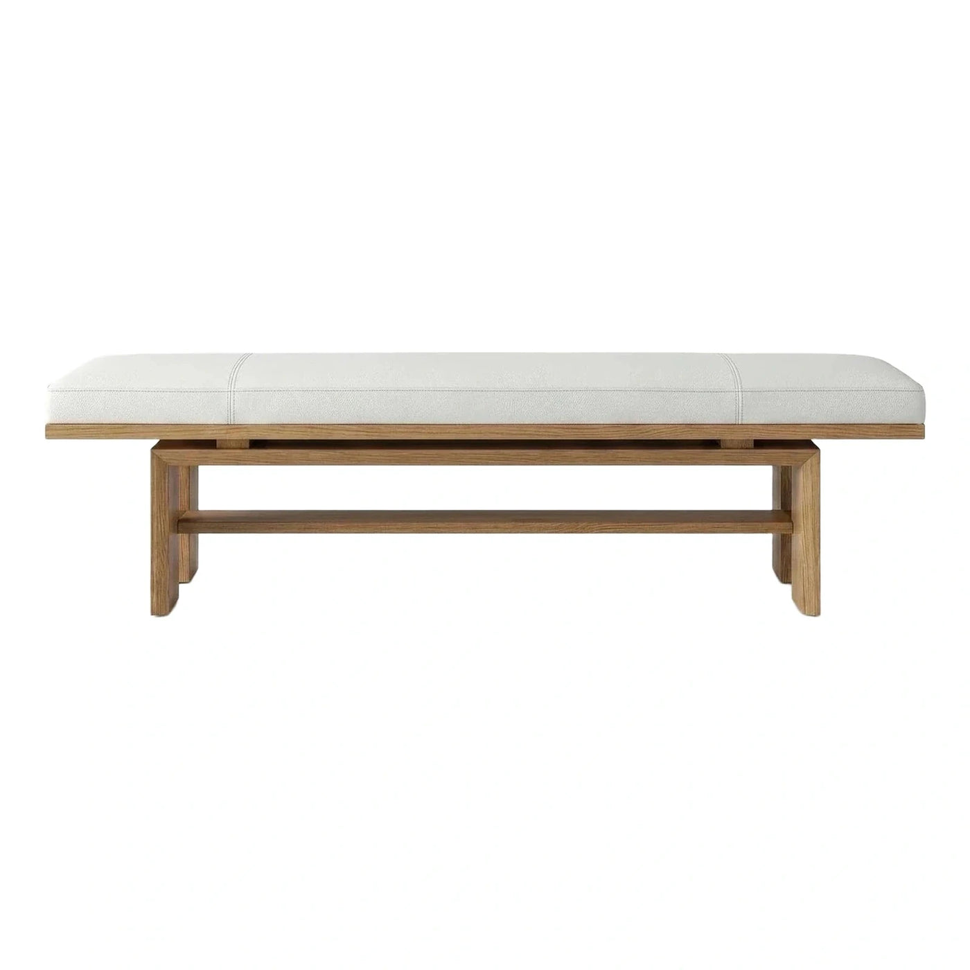 White Leather Upholstered Light Wood Bench