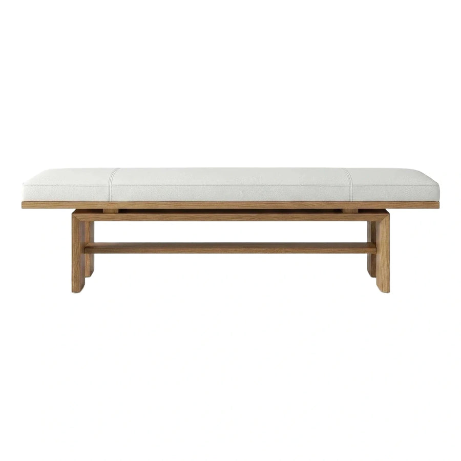 White Leather Upholstered Light Wood Bench