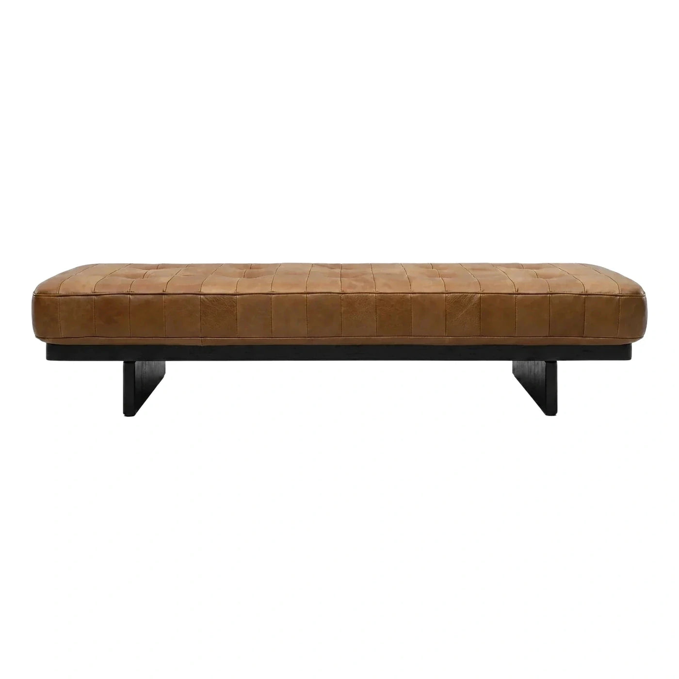 Tufted Brown Leather Bench with Black Base