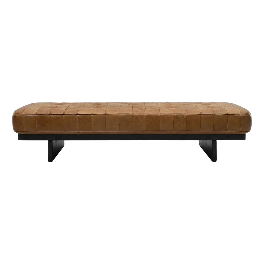 Tufted Brown Leather Bench with Black Base
