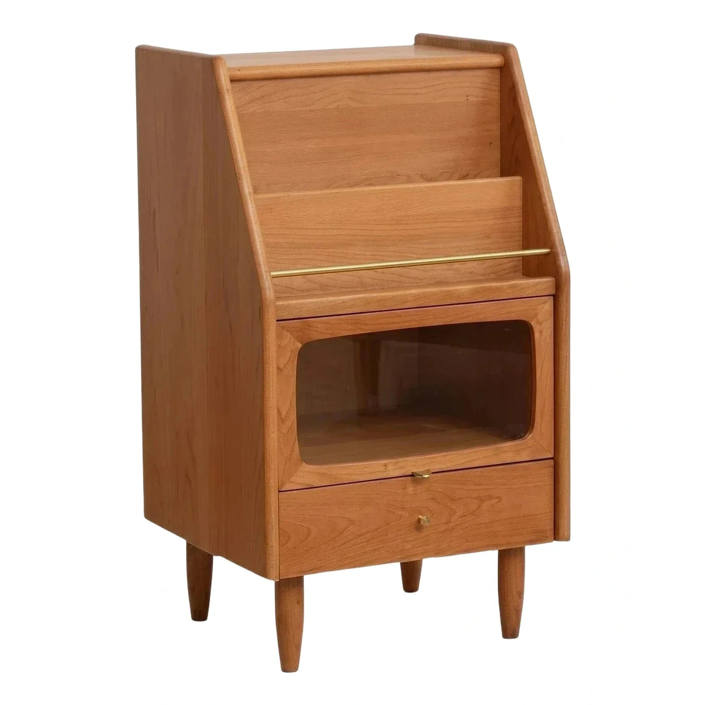 Wood Side Cabinet with Glass Door and Brass Rail