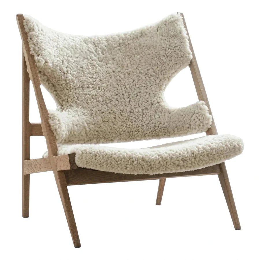 White Sheepskin Lounge Chair with Natural Wood Frame