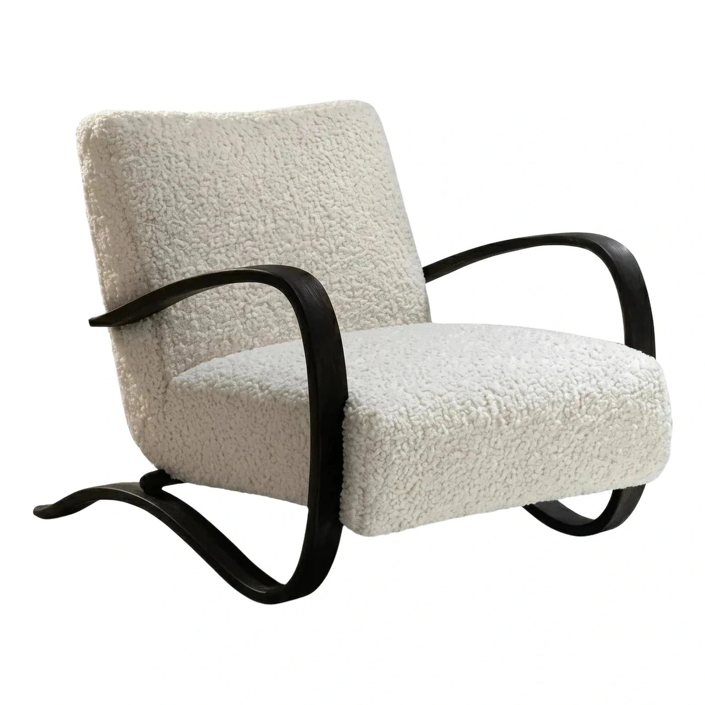 White Boucle Cantilever Lounge Chair with Dark Wood Frame