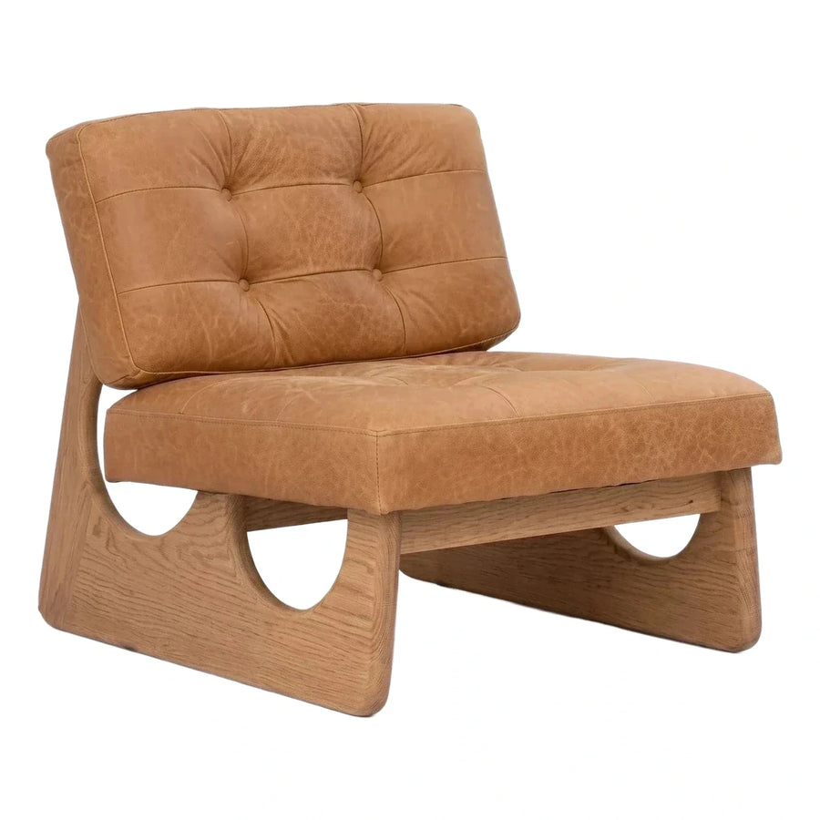 Modern Tan Leather Lounge Chair with Wood Base