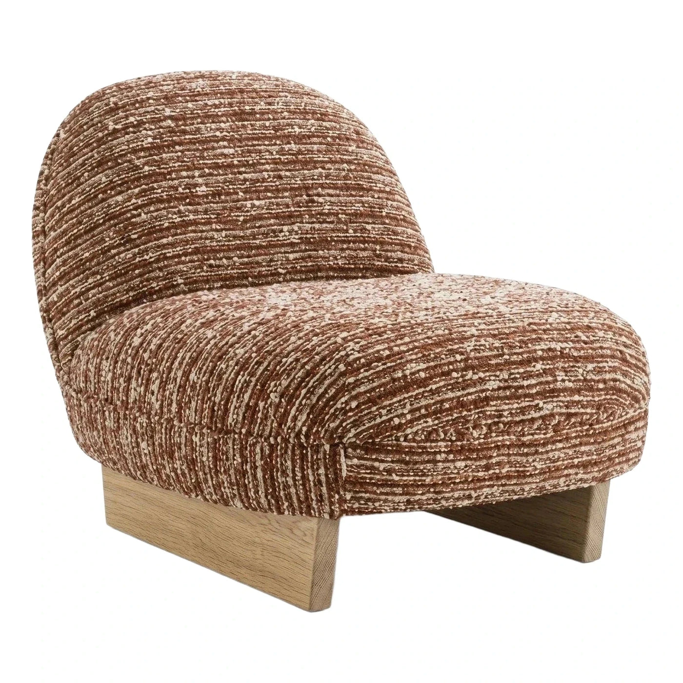 Curved Brown Textured Fabric Lounge Chair Wood Base