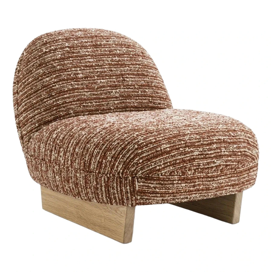 Curved Brown Textured Fabric Lounge Chair Wood Base