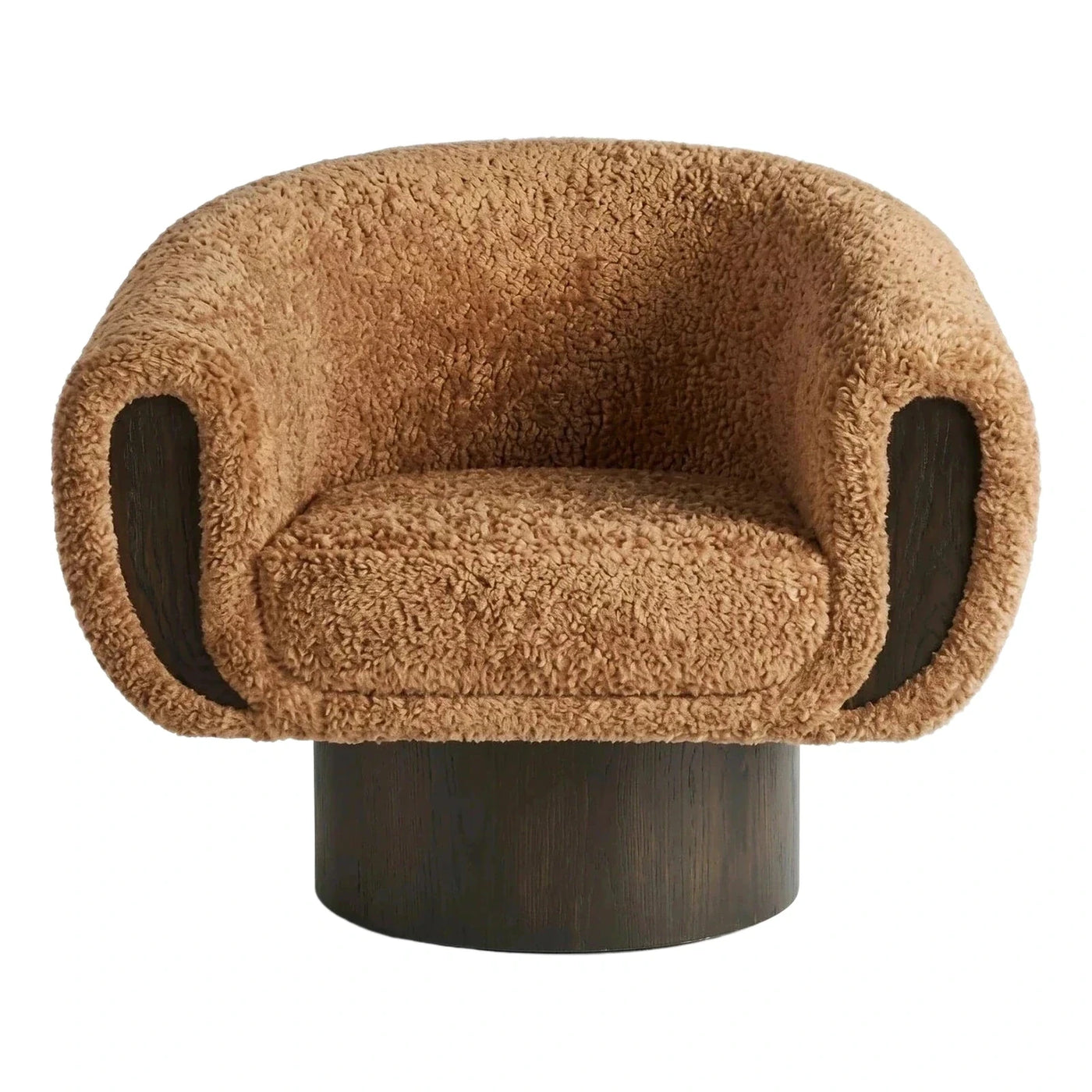 Curved Camel Boucle Armchair with Dark Wood Base