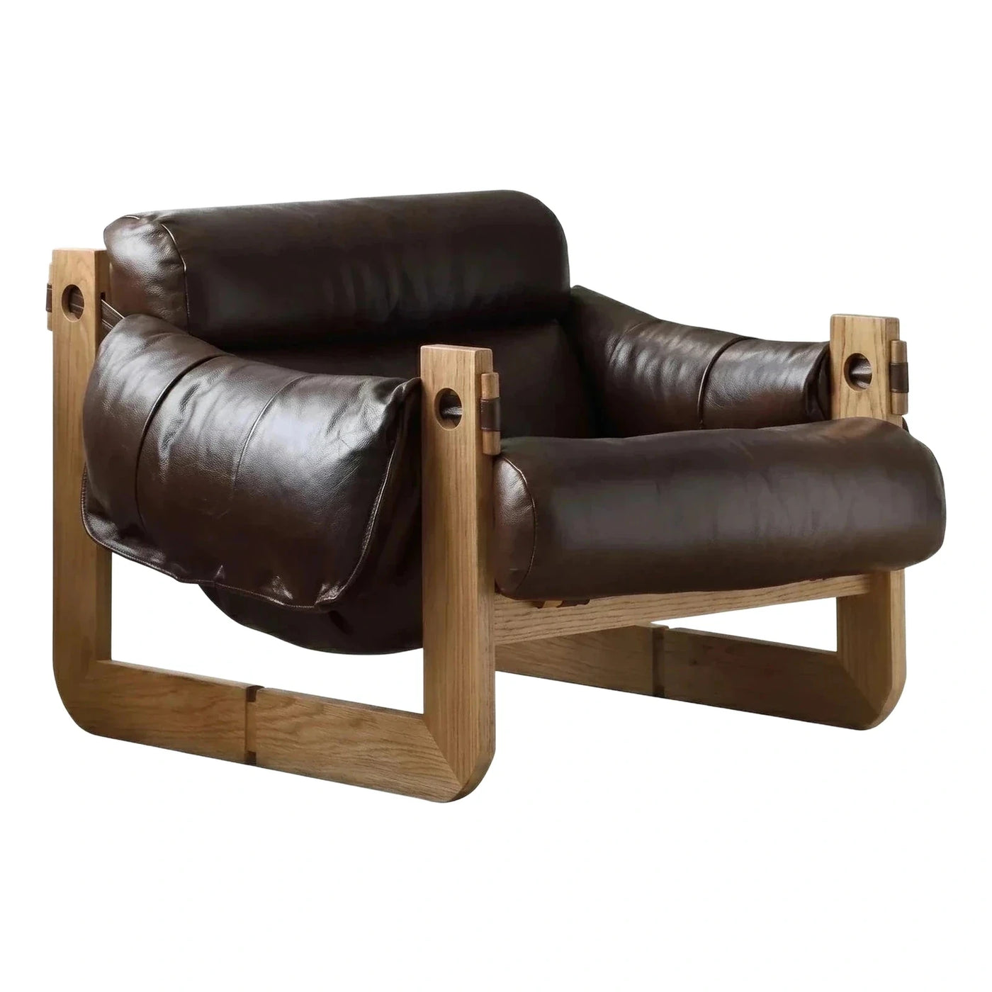 Dark Brown Leather Lounge Chair with Light Wood Frame