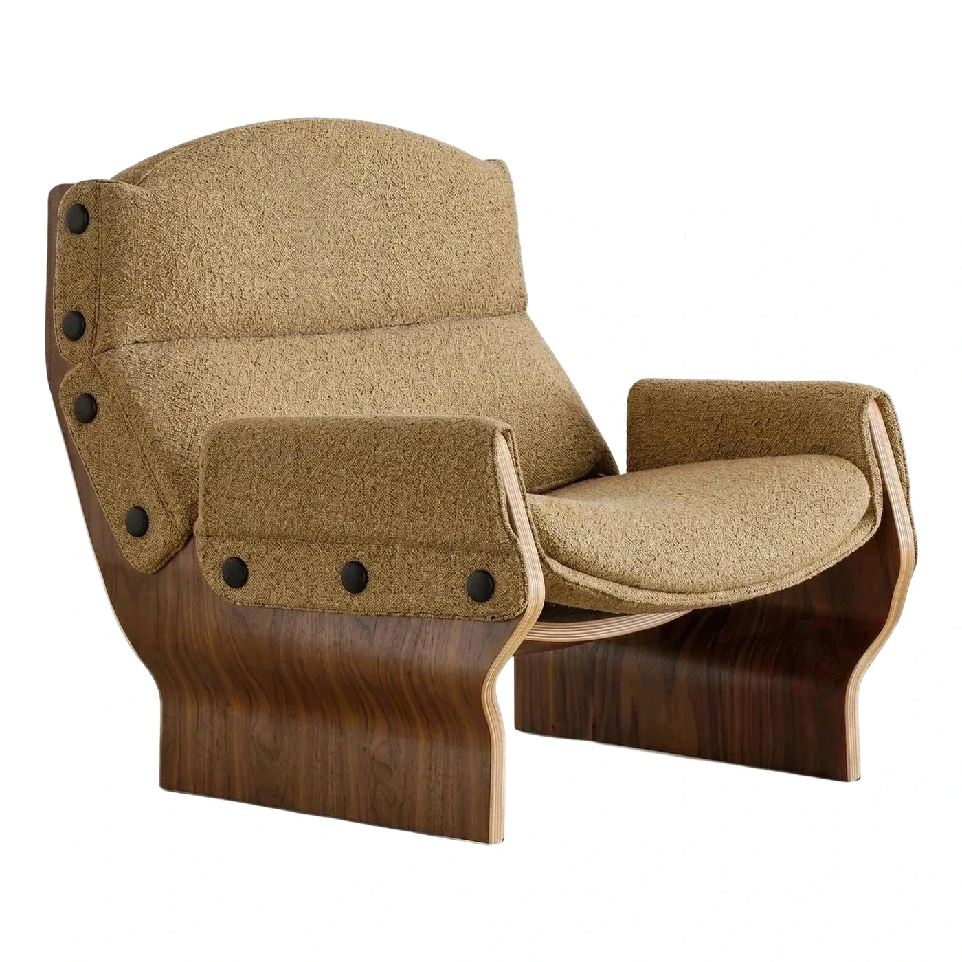 Curved Plywood Lounge Chair with Textured Beige Upholstery