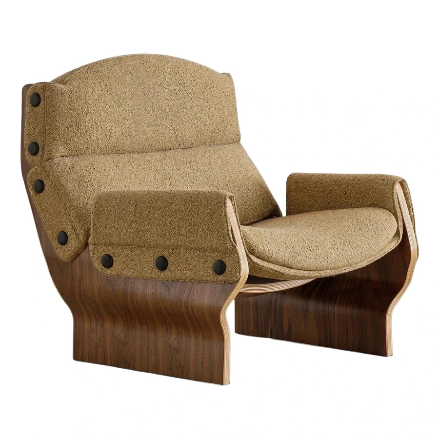 Curved Plywood Lounge Chair with Textured Beige Upholstery
