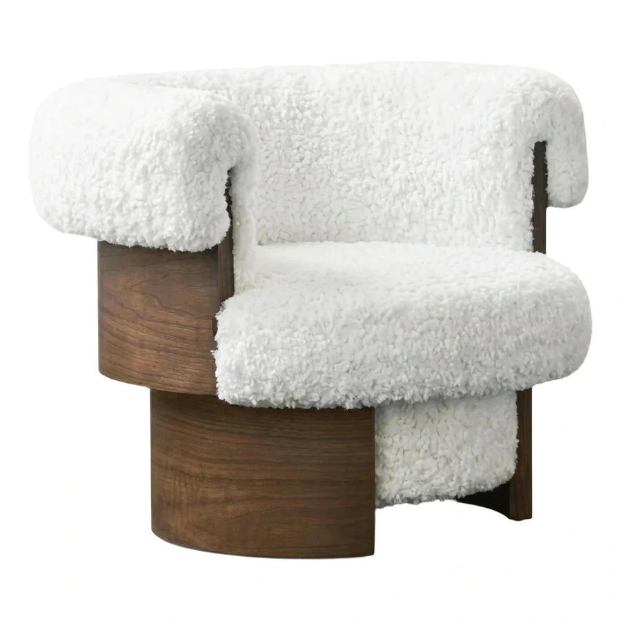 White Boucle Armchair with Curved Wood Base