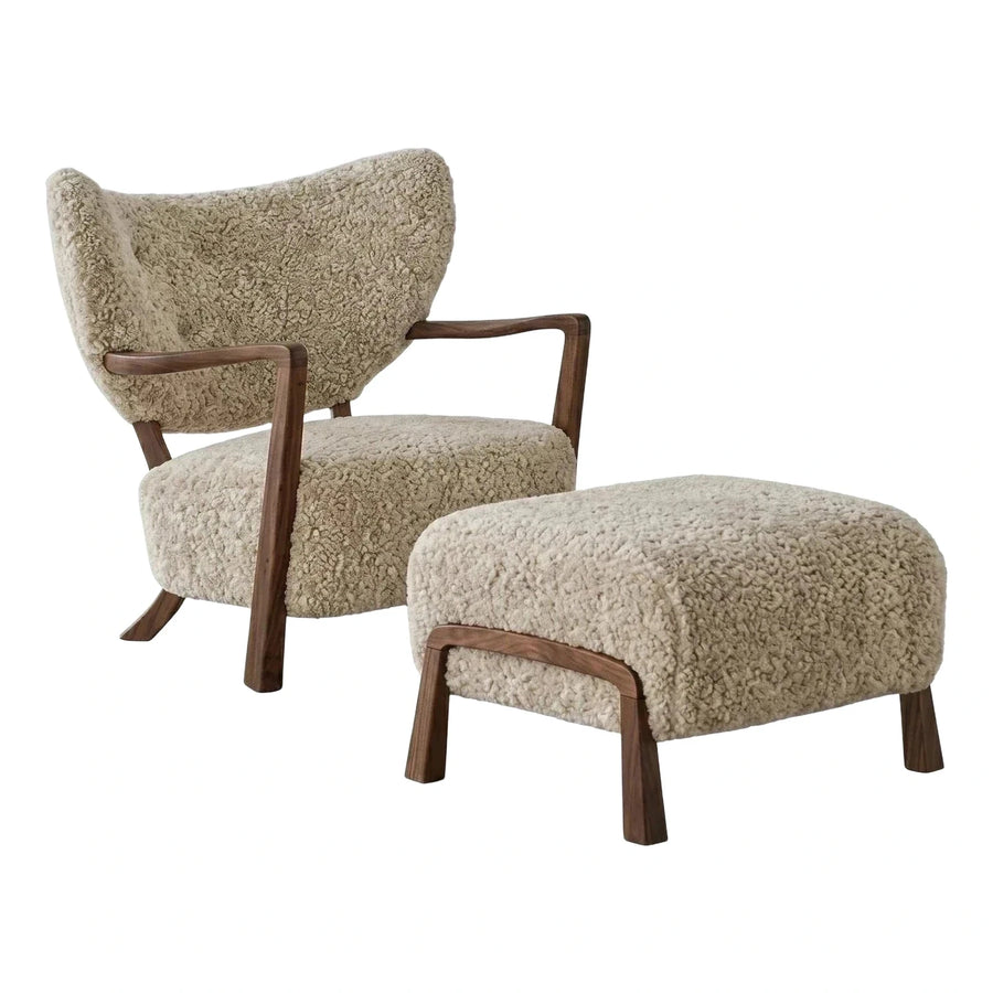 Cream Boucle Lounge Chair and Ottoman with Wood Frame