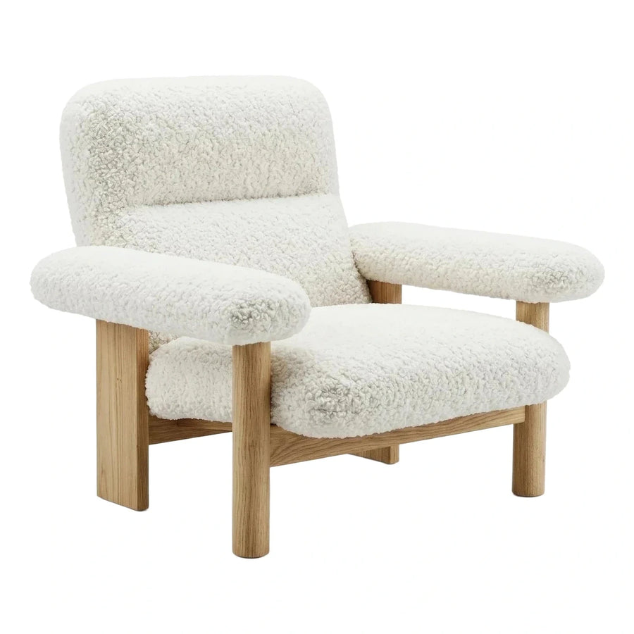 Modern White Boucle Armchair with Wood Legs