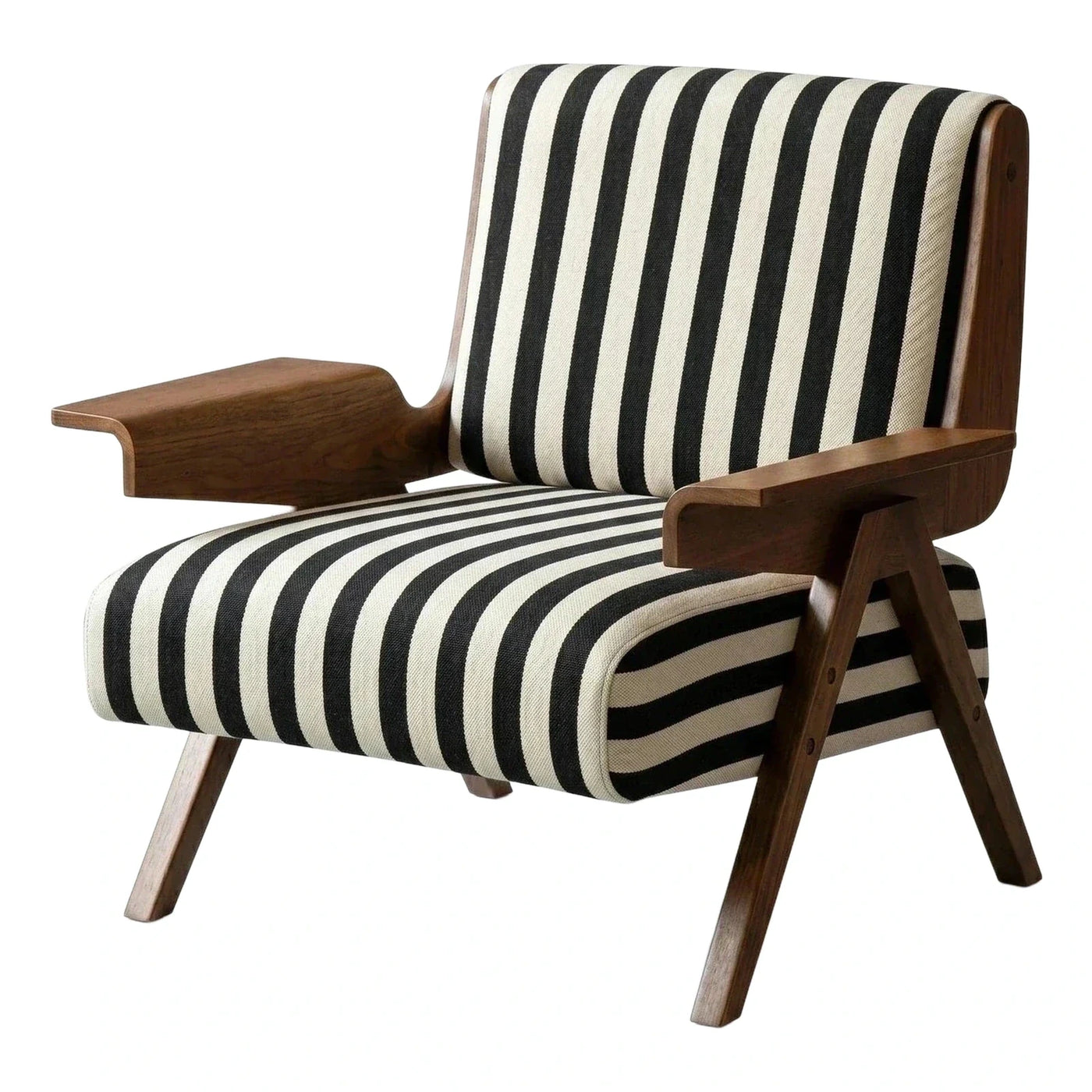 Striped Fabric Lounge Chair with Dark Wood Frame