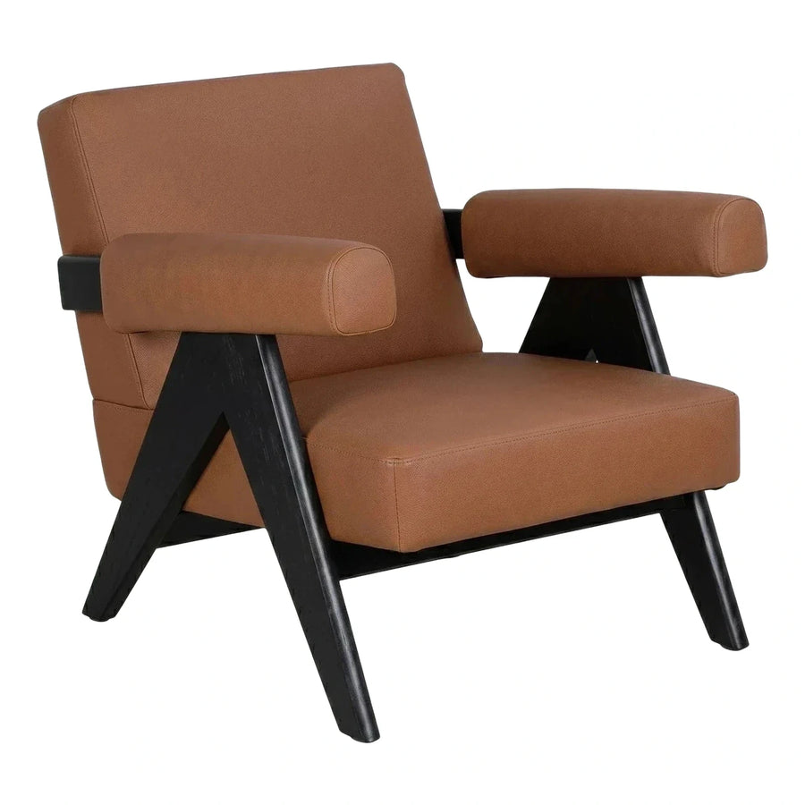 Modern Brown Leather Armchair with Dark Wood Frame