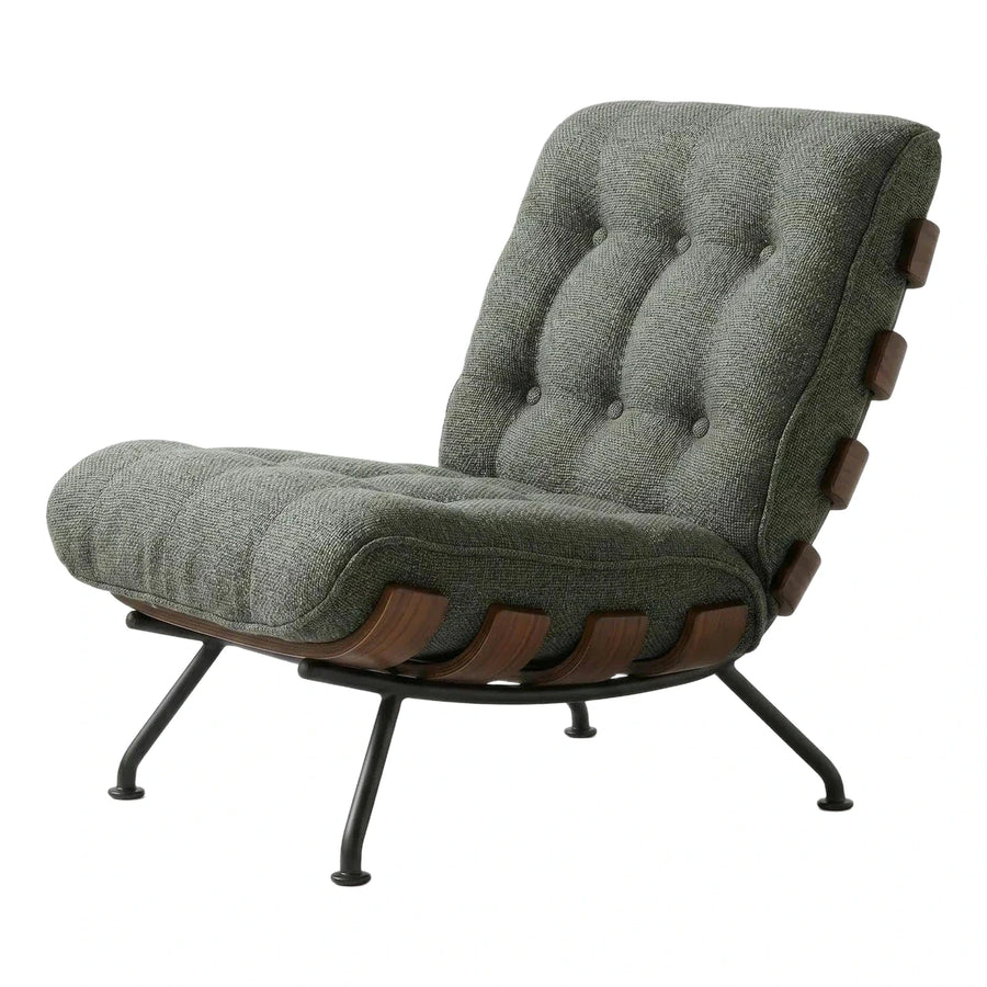 Grey Tufted Lounge Chair with Wooden Slats