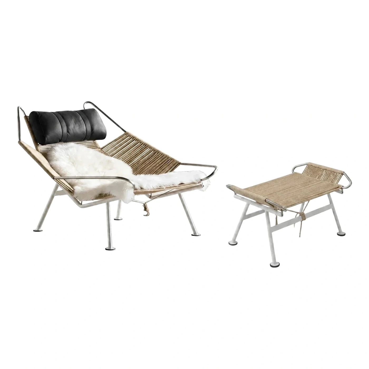 Modern White Metal Rope Lounge Chair and Ottoman