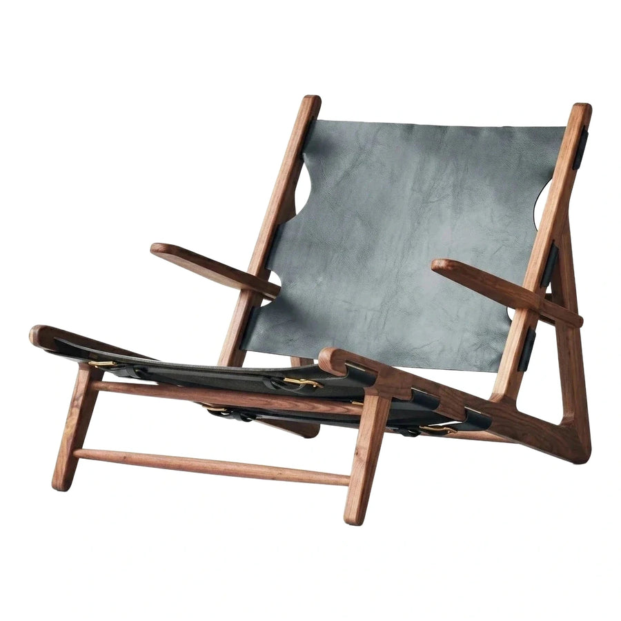 Walnut Wood Frame Dark Grey Leather Sling Chair