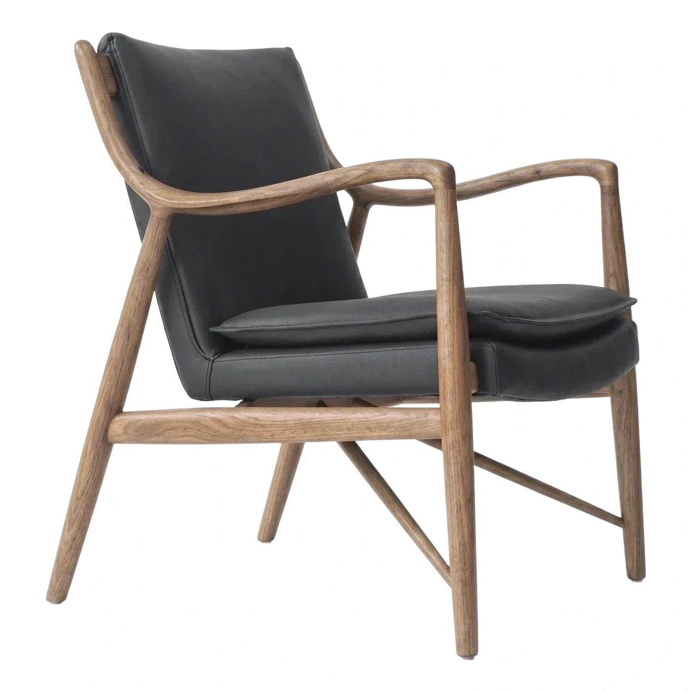 Black Leather Armchair with Natural Wood Frame