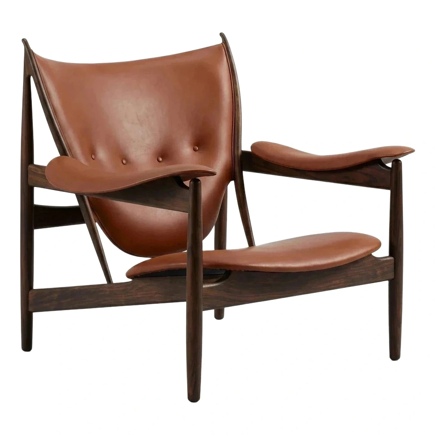 Sculptural Dark Wood Brown Leather Lounge Chair