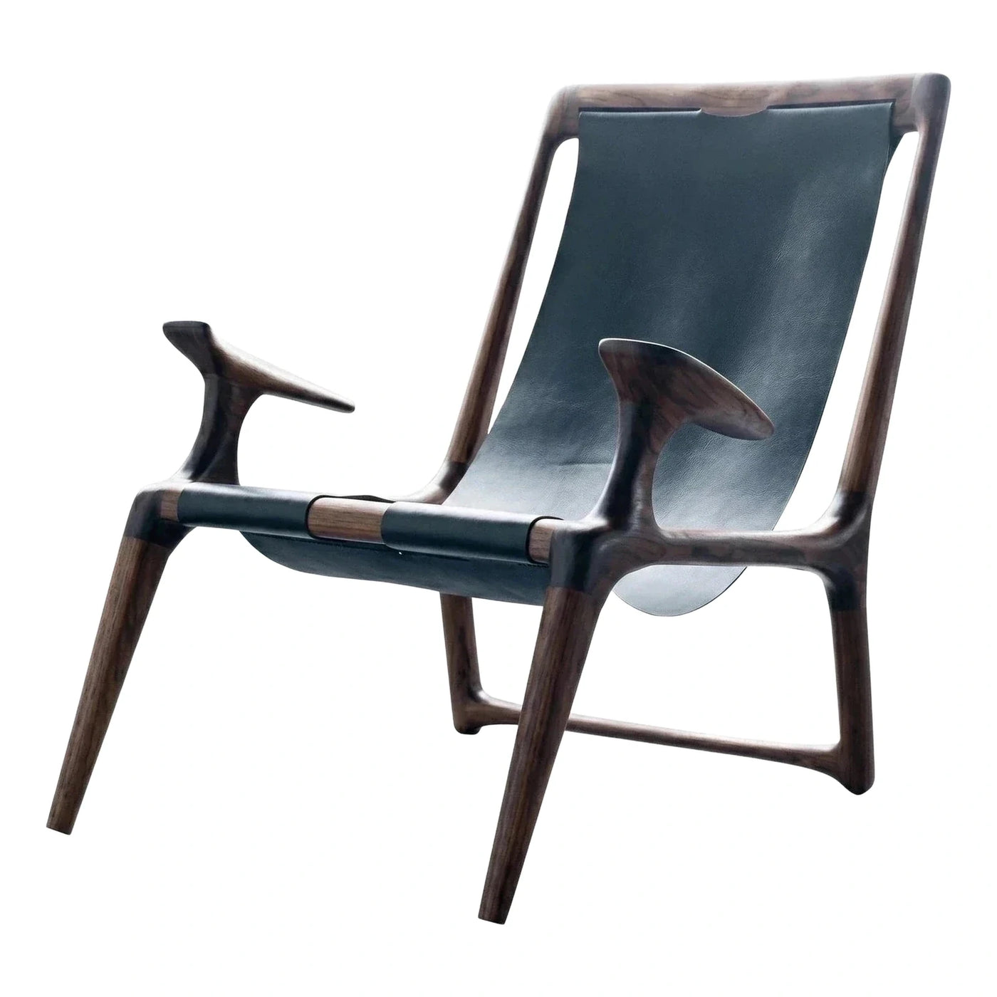 Sculptural Dark Wood Frame Leather Sling Lounge Chair
