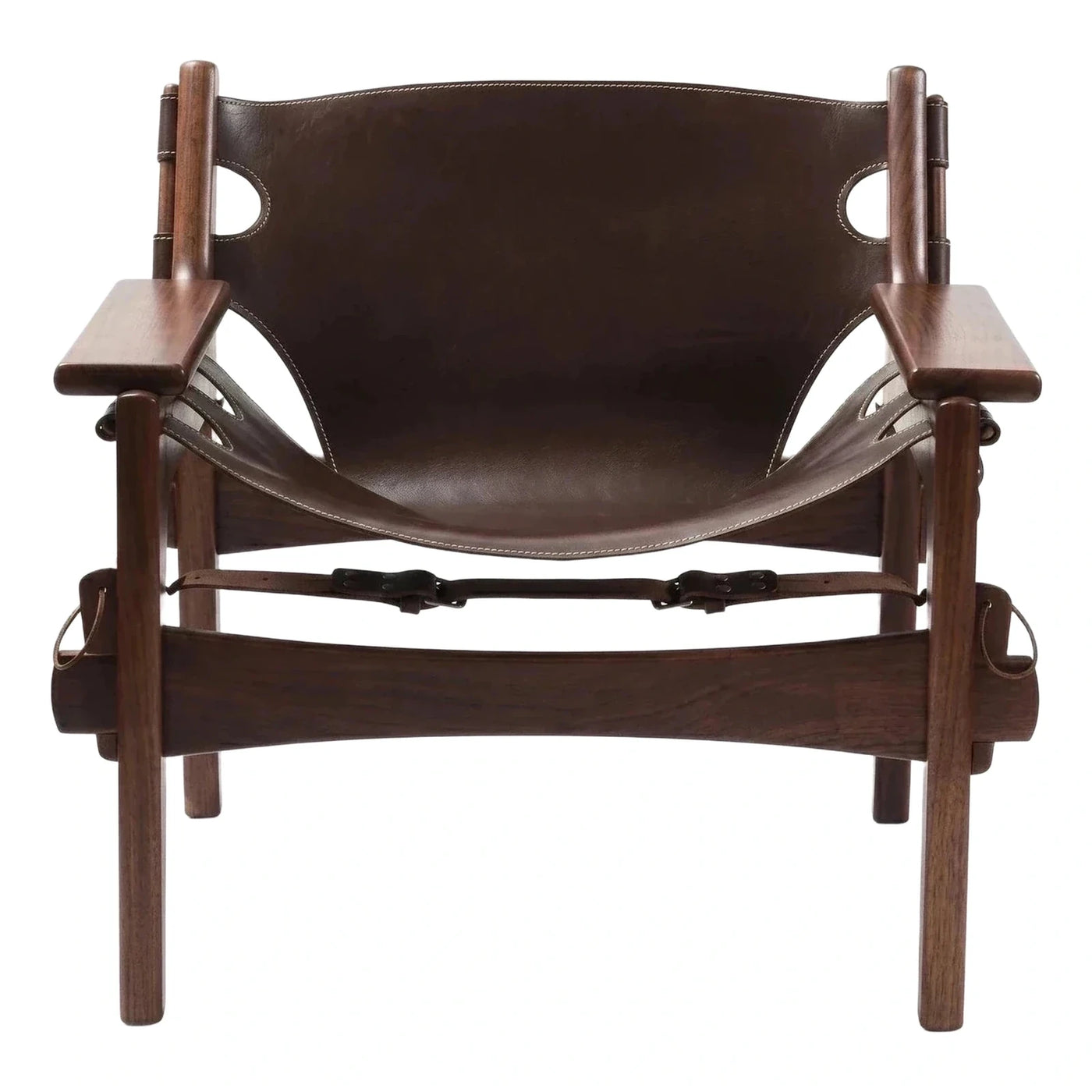 Dark Wood Frame Brown Leather Sling Lounge Chair