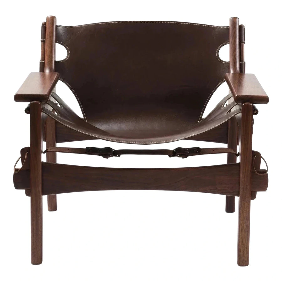 Dark Wood Frame Brown Leather Sling Lounge Chair