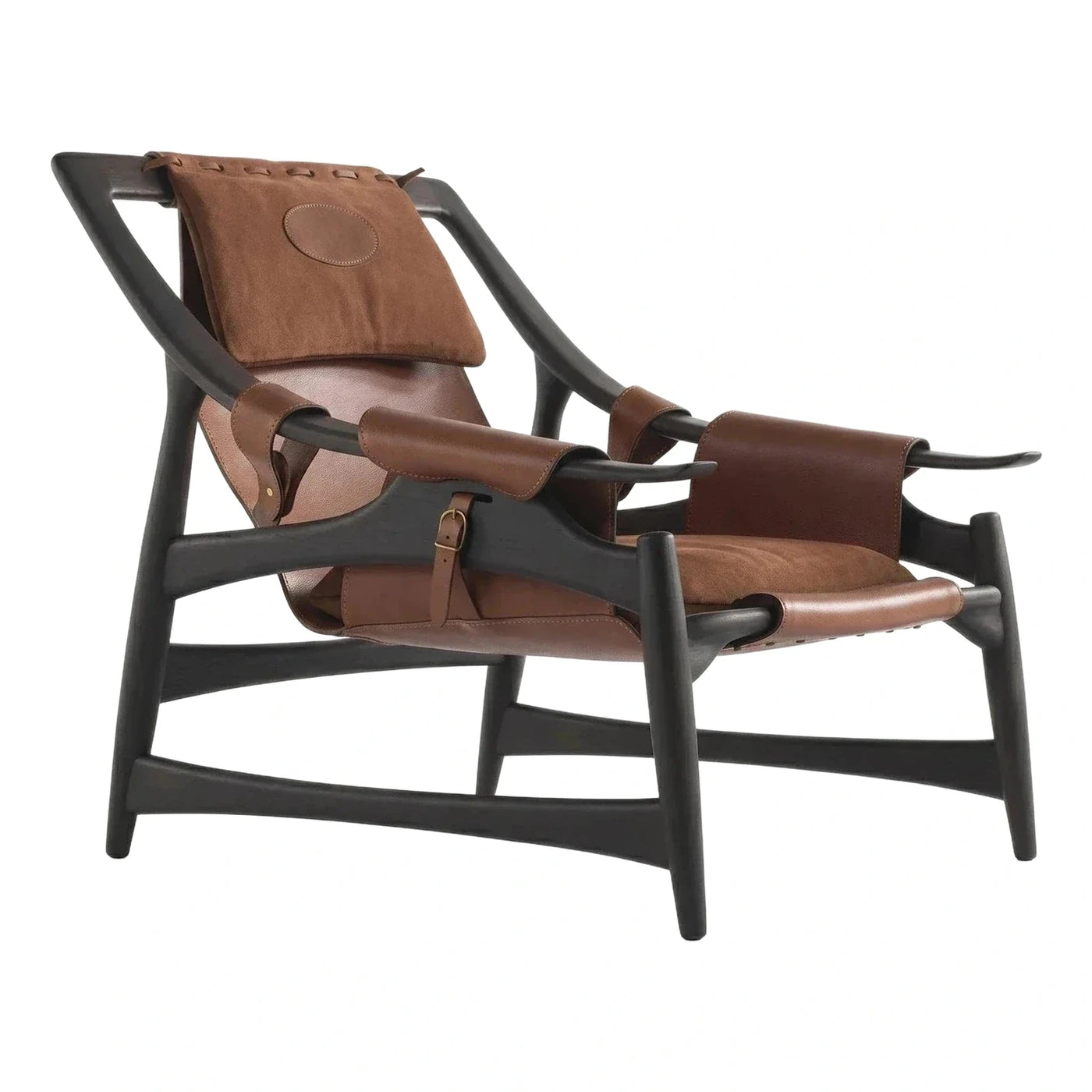 Dark Wood Frame Brown Leather Sling Lounge Chair
