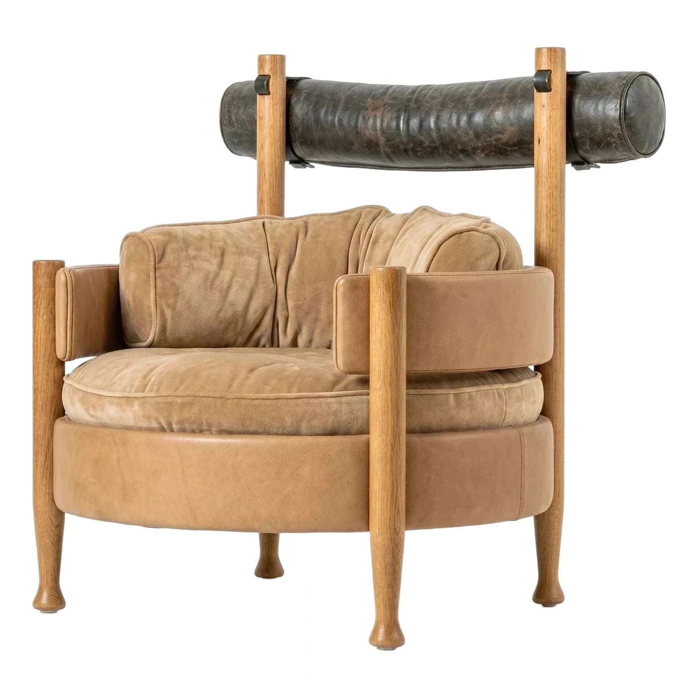 Tan Leather and Wood Lounge Chair with Bolster