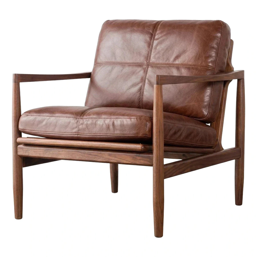 Brown Leather Armchair with Dark Wood Frame