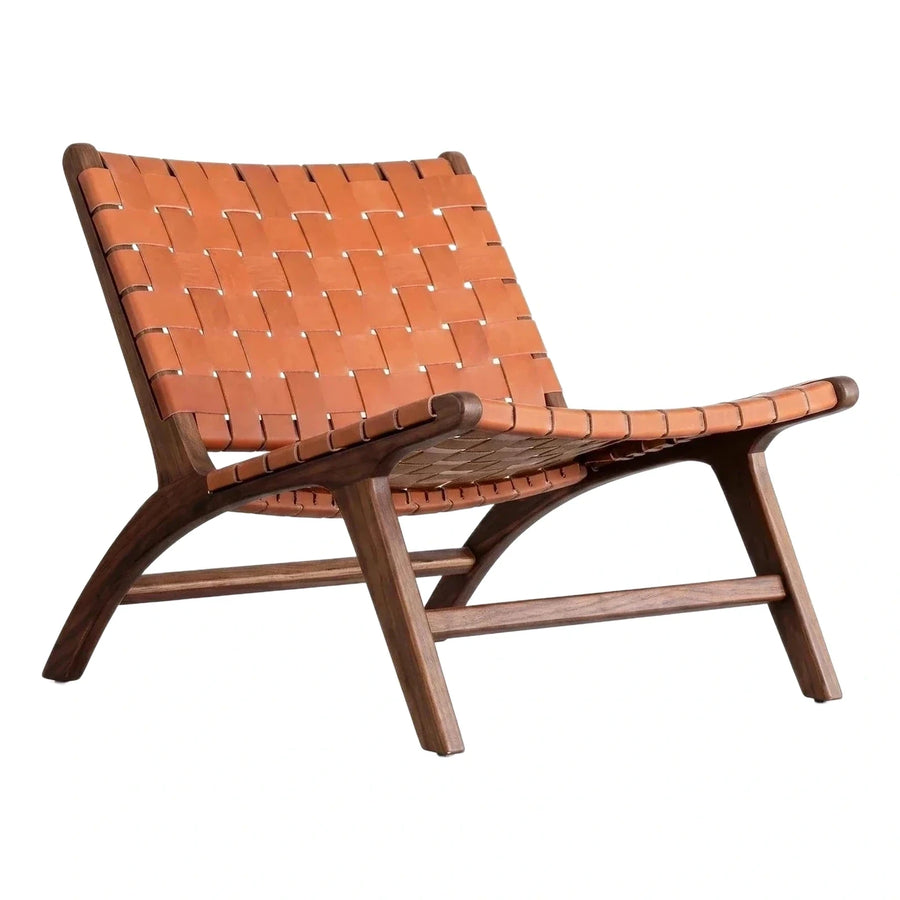 Woven Leather Lounge Chair with Dark Wood Frame