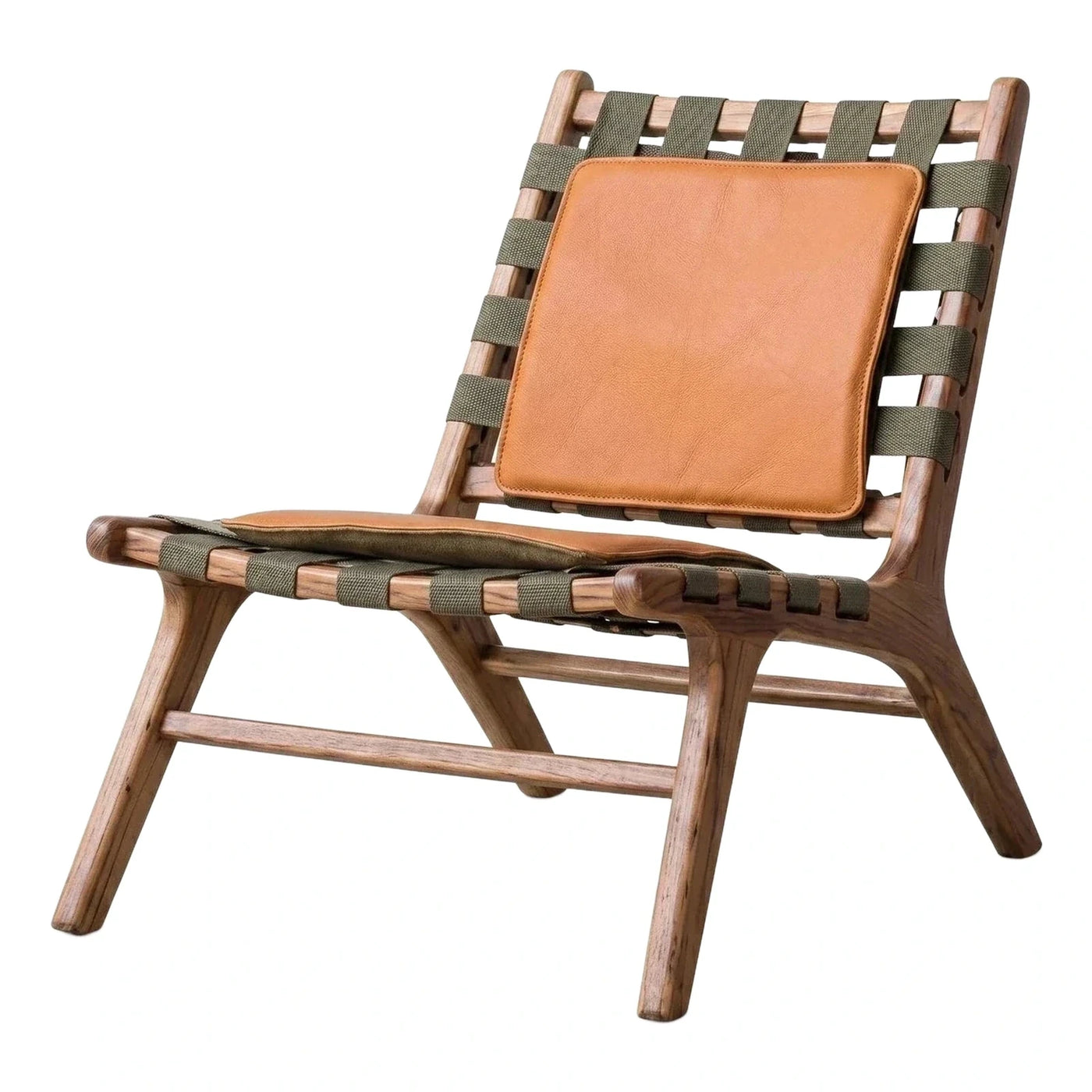 Wooden Lounge Chair with Woven Straps and Tan Cushions