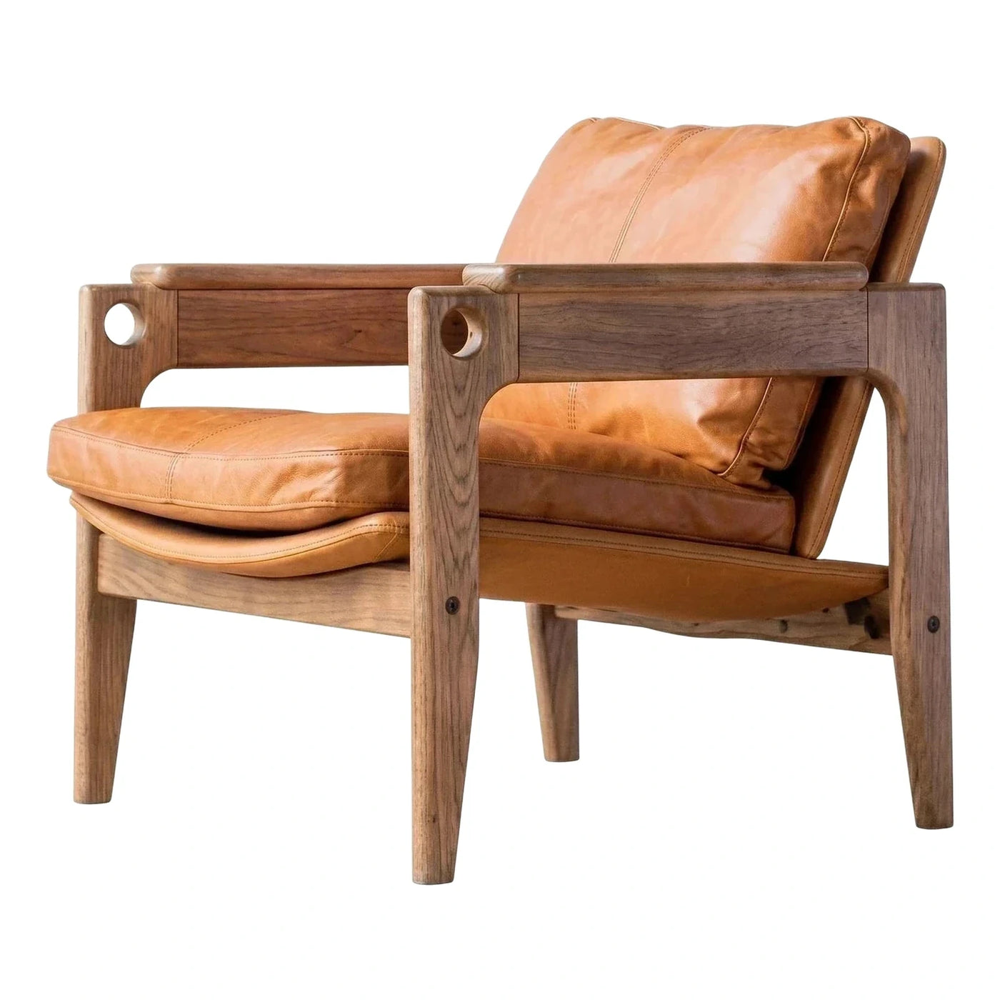 Mid-Century Style Tan Leather Armchair with Wood Frame