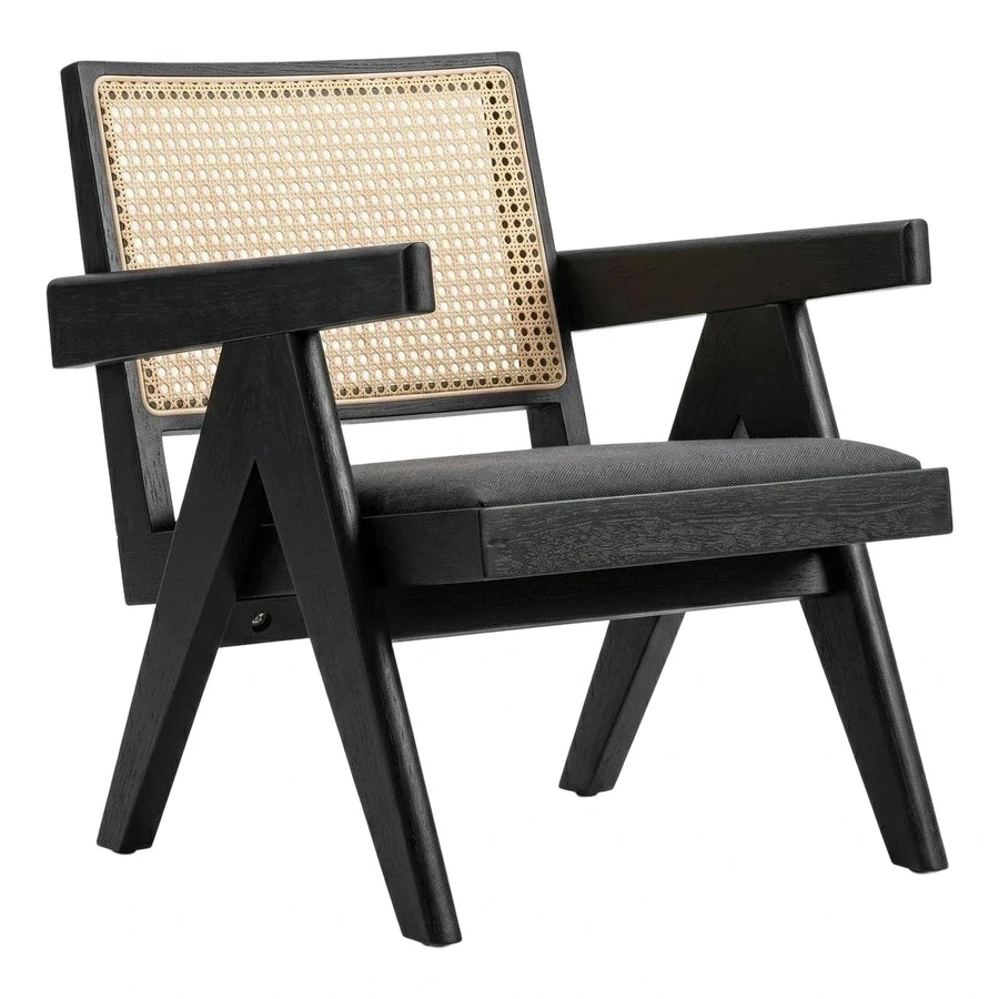 Black Wood Armchair with Cane Back and Grey Seat