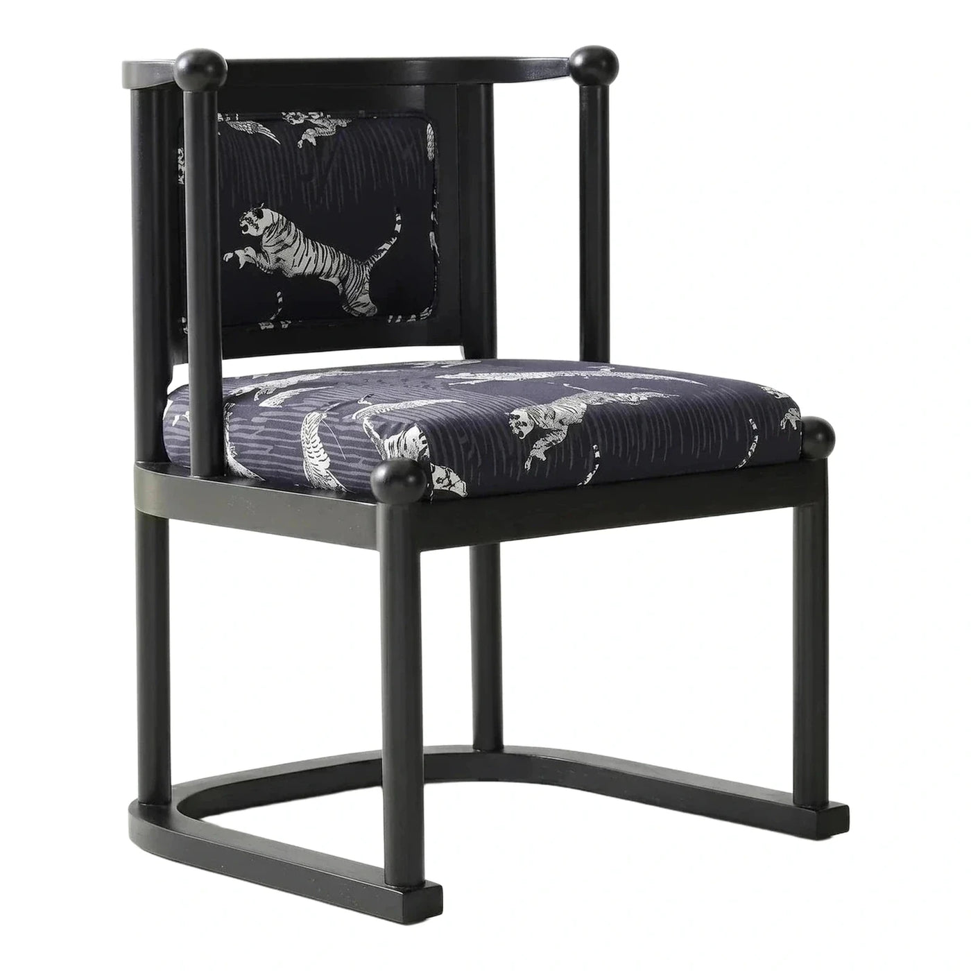 Black Wood Armchair with Navy Tiger Print Fabric