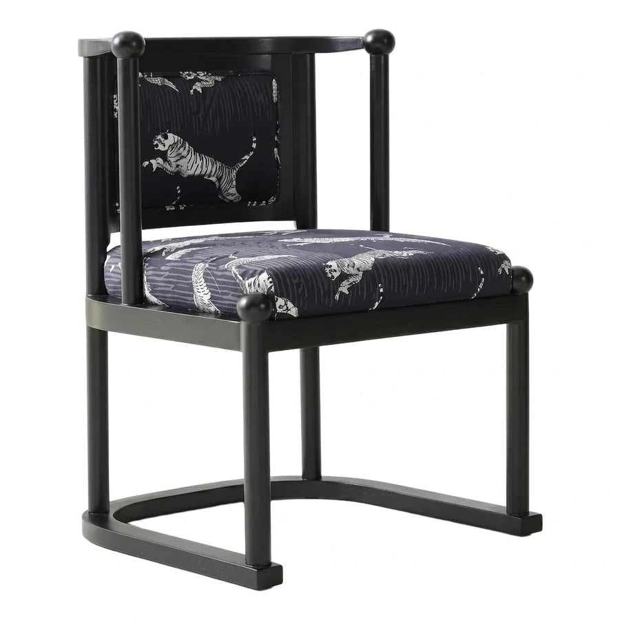 Black Wood Armchair with Navy Tiger Print Fabric