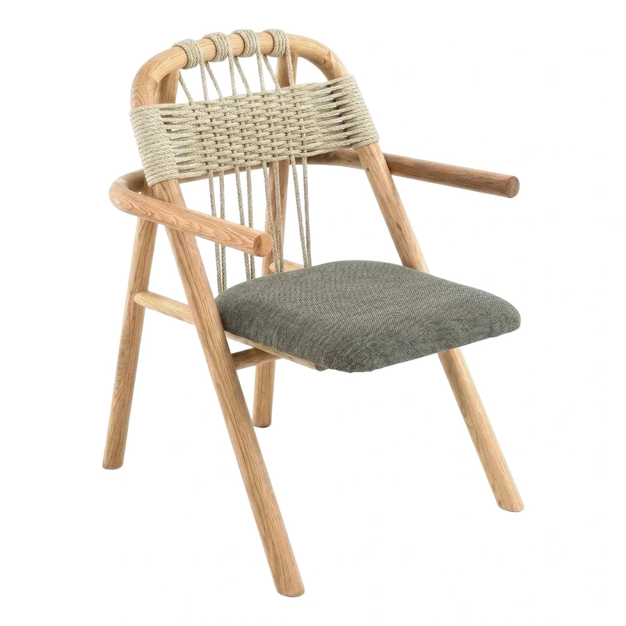 Nordic Wood Armchair with Woven Rope Back and Grey Cushion
