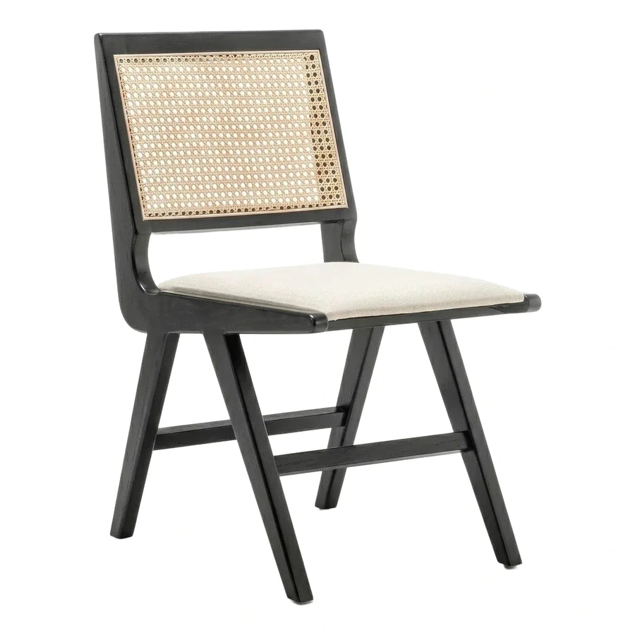 Black Wood Dining Chair with Cane Back and Cream Seat