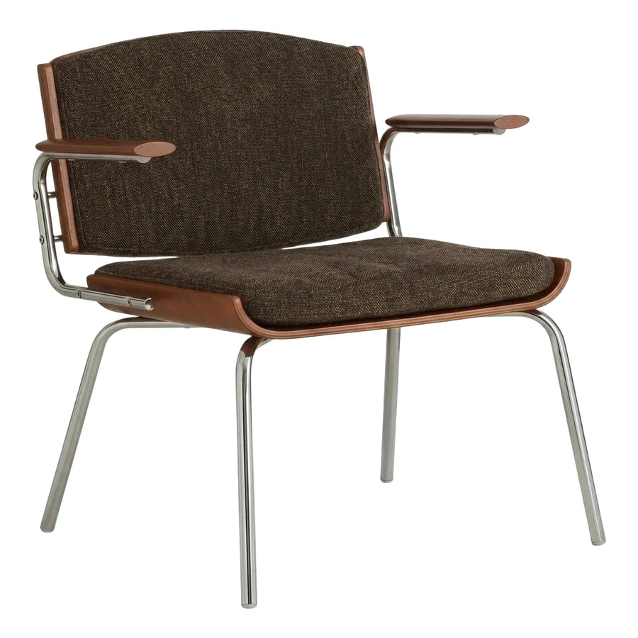 Brown Fabric Armchair with Wood Arms and Chrome Frame