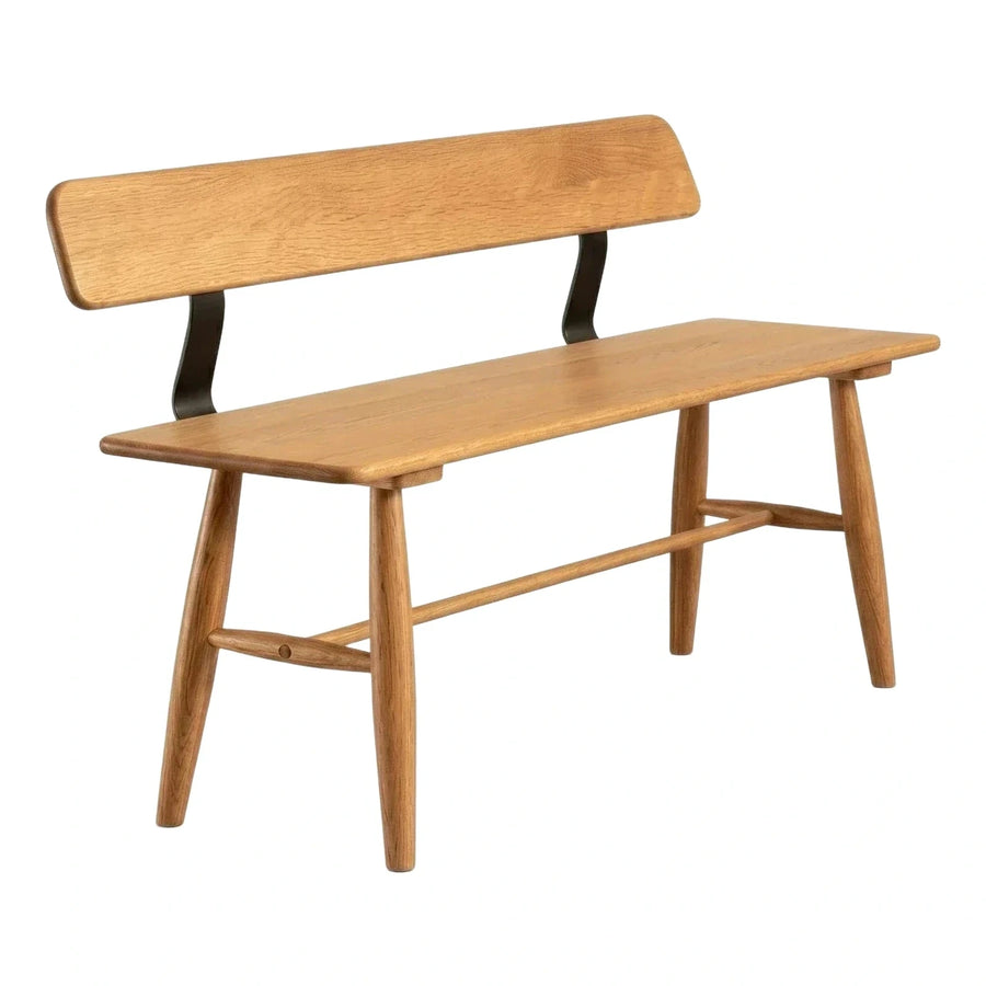Solid Wood Dining Bench with Black Metal Backrest