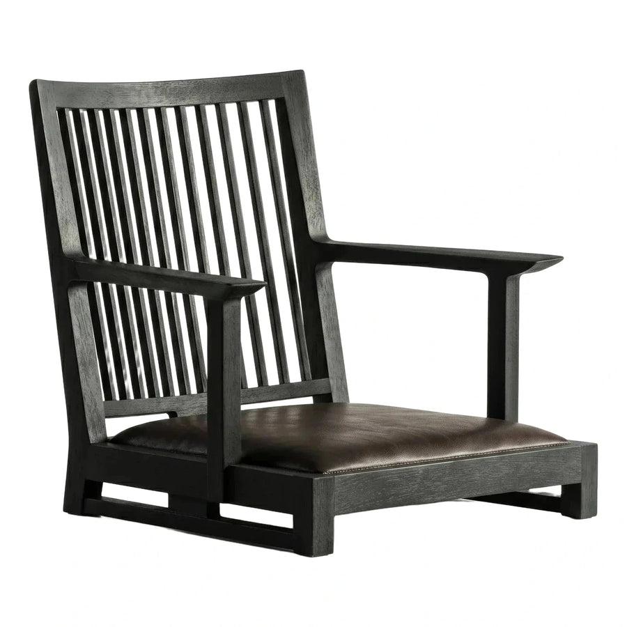 Modern Dark Wood Slatted Lounge Chair with Leather Seat