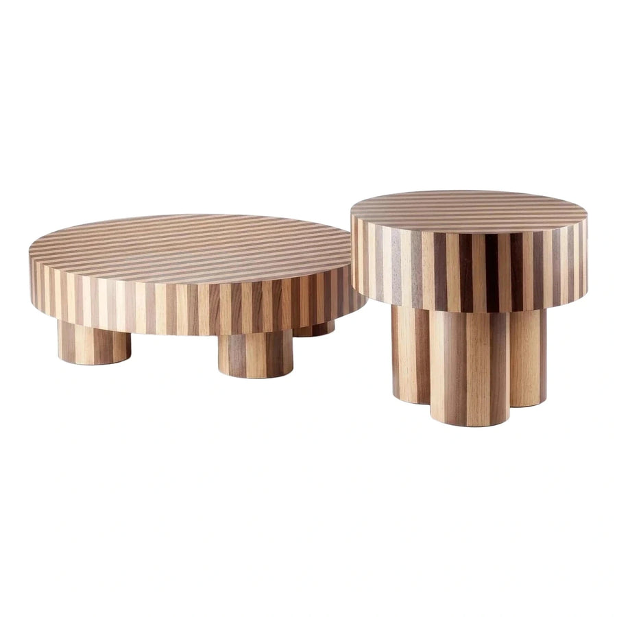 Modern Striped Wood Round Coffee and Side Table Set