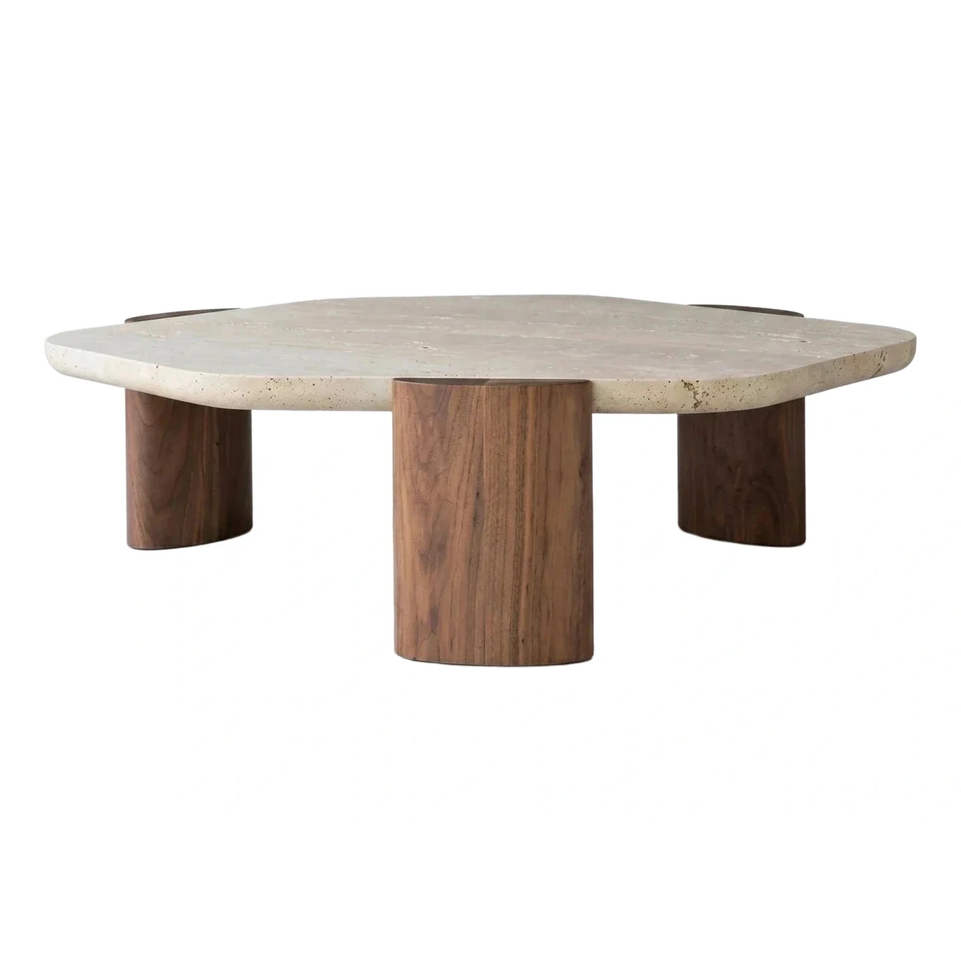 Organic Shape Stone Coffee Table with Walnut Cylinder Legs