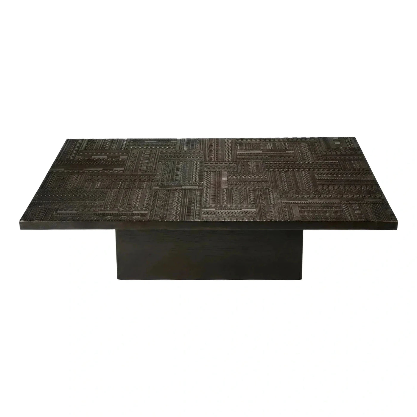 Dark Carved Geometric Wood Coffee Table