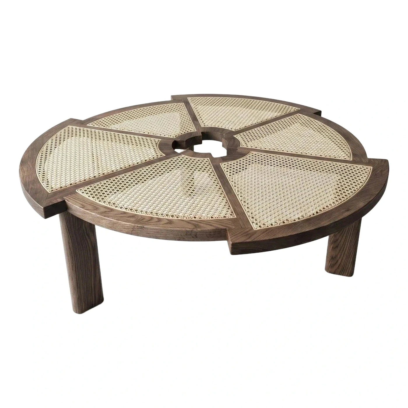 Round Segmented Coffee Table with Cane and Wood