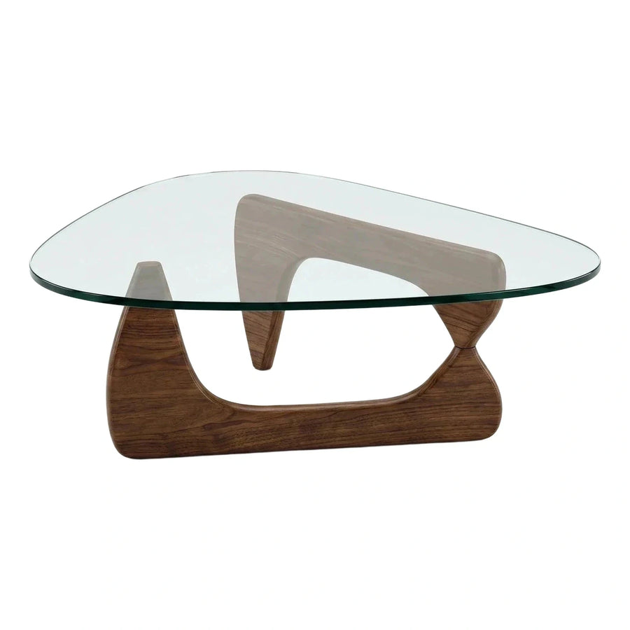 Sculptural Walnut Base Triangular Glass Coffee Table