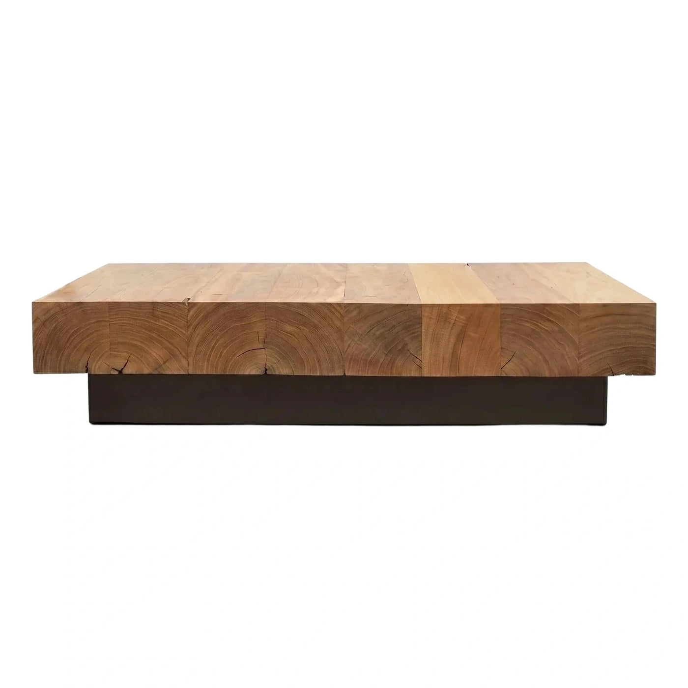 Solid Wood Block Coffee Table with Dark Metal Base