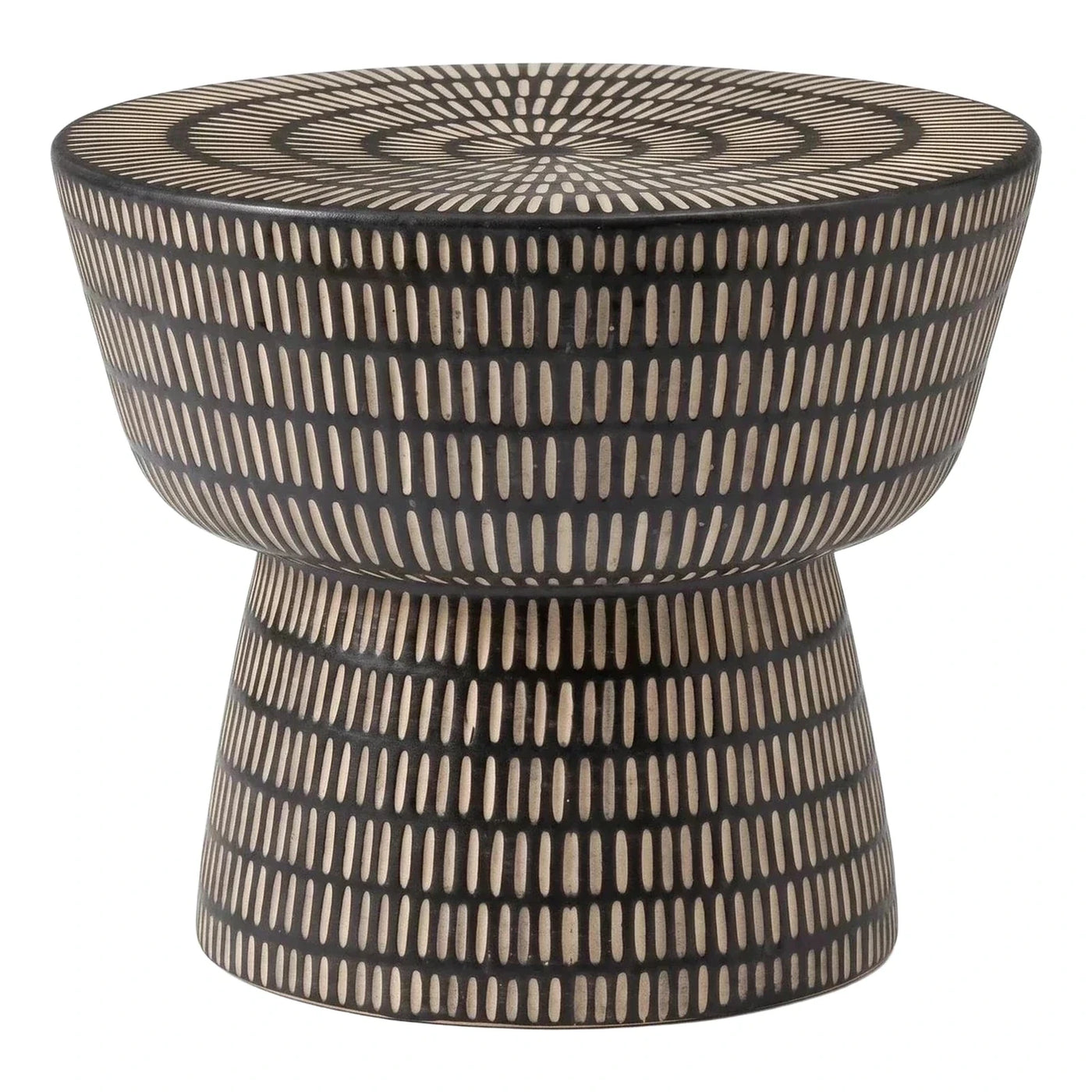 Black Carved Drum Side Table with Geometric Pattern