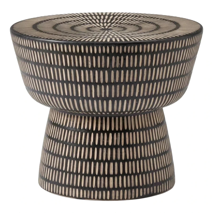 Black Carved Drum Side Table with Geometric Pattern